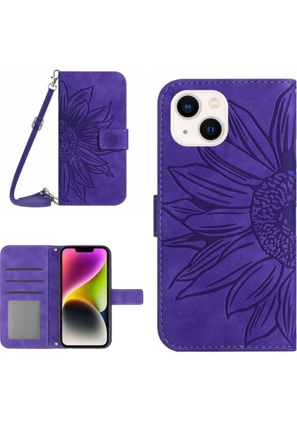 Iphone 14 Için HT04 Cilt Touch Pu Deri Stand Kılıfı Baskılı Ayçiçeği Tam Koruma Telefon Cüzdan Kapağı Omuz Kayış-Dark Mor ile (Yurt Dışından)