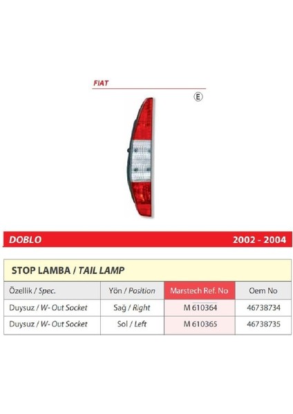 Fiat Doblo Sol Arka Duysuz Stop Lambası 2002-2004 -46738735