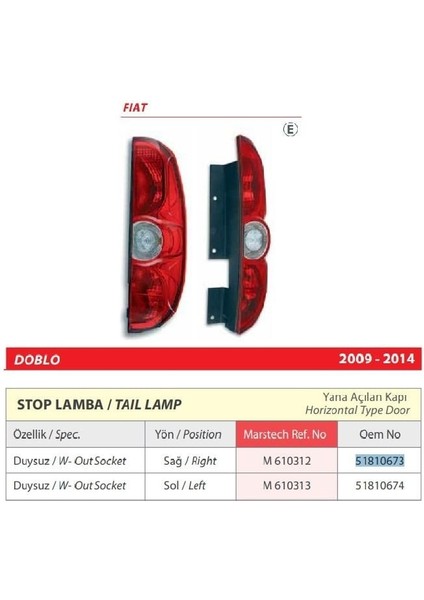 Fiat Doblo Sol Arka Duysuz Stop Lamba (Yana Açılan Kapı) 2009-2014 -51810674
