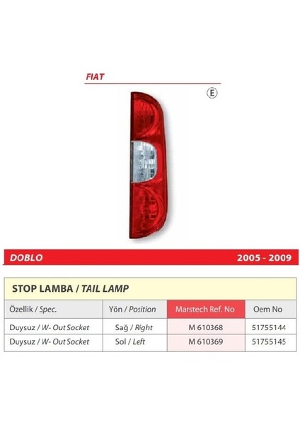 Fiat Doblo Sol Arka Duysuz Stop Lambası 2005-2009 -51755145