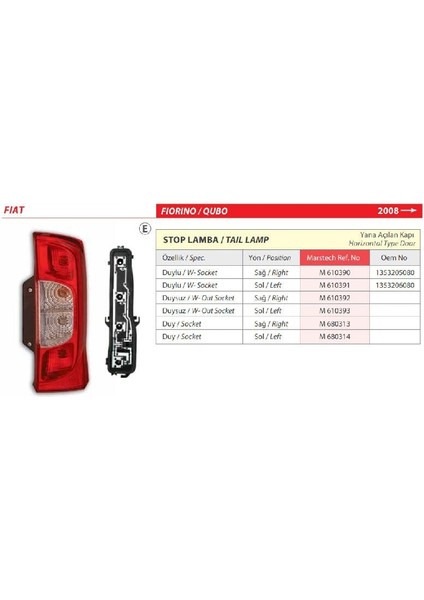 Fiat Fiorino Sağ Arka Duysuz Stop Lambası (Yana Açılır Kapı) 2008&GT;