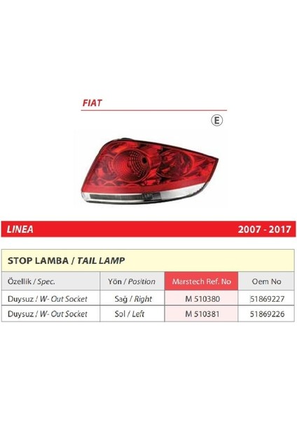Fiat Linea Duysuz Sol Arka Stop Lambası 2007-2017 -51869226 fiyatları