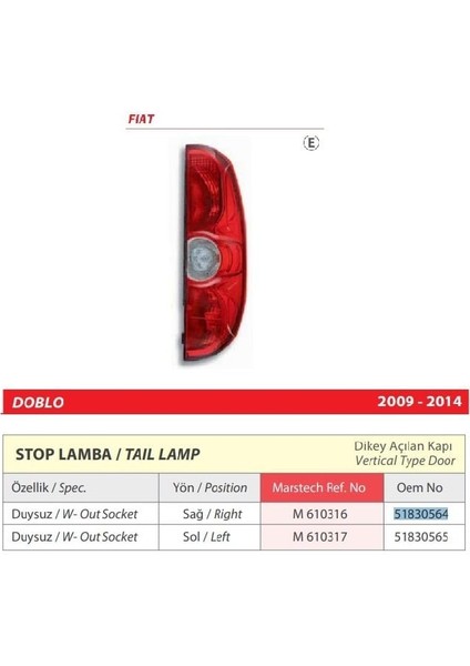 Fiat Doblo Sol Arka Duysuz Stop Lamba (Dikey Açılan Kapı) 2009-2014 -51830565 fiyatları