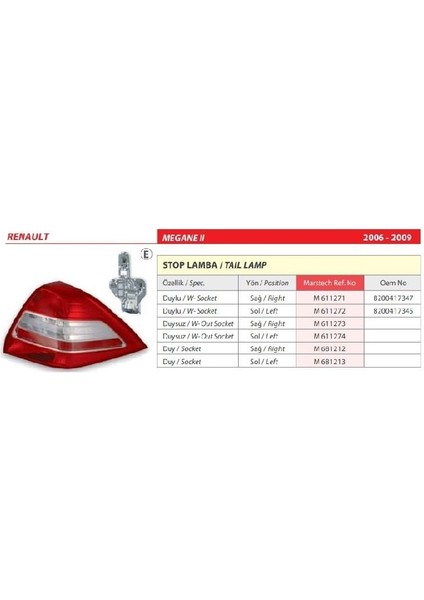 Renault Megan Iı Duysuz Sol Arka Stop Lambası 2006-2009