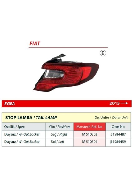 Fiat Egea Duysuz Sol Arka Stop Lambası 2015&GT; -51984459