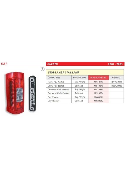 Fiat Ducato Sol Arka Stop Lambası Duysuz 2002-2005