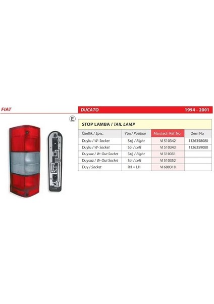 Fiat Ducato Sağ Arka Stop Lambası Duylu 1994 - 2001 -1326359080