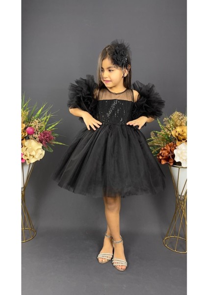 Kız Çocuk Ponponlu Tokalı Pul Payet Abiye Elbise