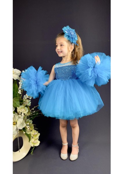 Kız Çocuk Ponponlu Tokalı Pul Payet Abiye Elbise