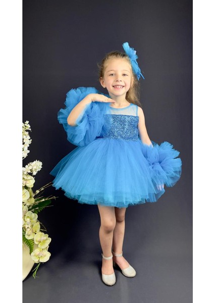 Kız Çocuk Ponponlu Tokalı Pul Payet Abiye Elbise fiyatları