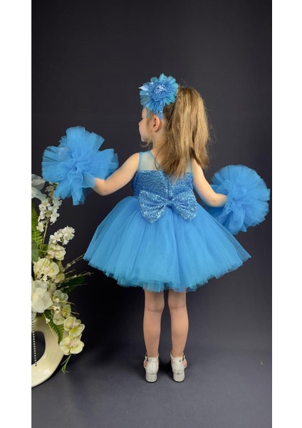 Kız Çocuk Ponponlu Tokalı Pul Payet Abiye Elbise modelleri