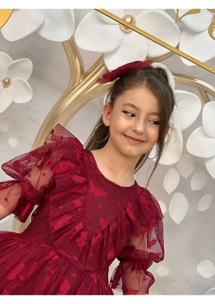 Kız Çocuk Abiye Elbise Kelebek Desenli Tül Kuyruklu Tokalı