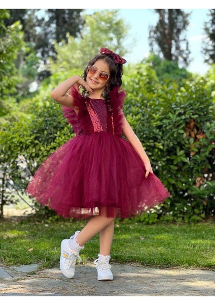 Kız Çocuk Abiye Elbise Kabarık Kol Detaylı Arkası Fiyonklu Tokalı fiyatları