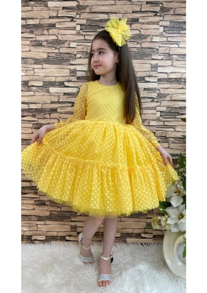 Kız Çocuk Dantelli Sarı Renk Katkat Prenses Elbise