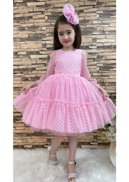 Kız Çocuk Dantelli Pembe Renk Katkat Prenses Elbise