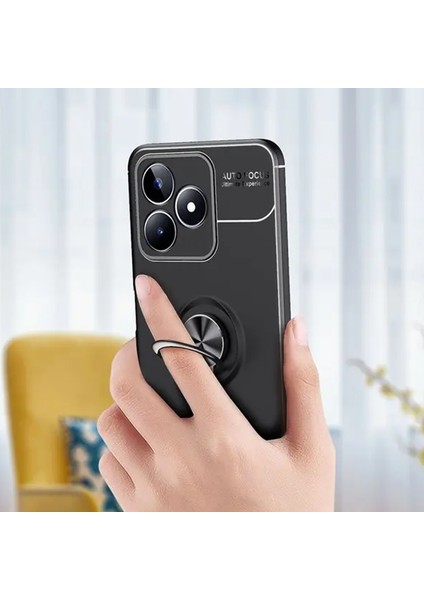 Realme C53 Focus Serisi Yüzük Standlı Silikon Kılıf - Siyah AL3363