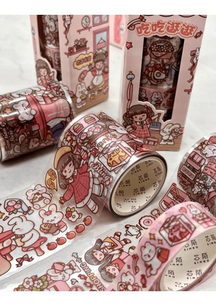 Sevimli Kız ve Tavşan Pembe 3’lü Washi Bant Seti / Washi Tape / Bullet Journal / Scrapbook