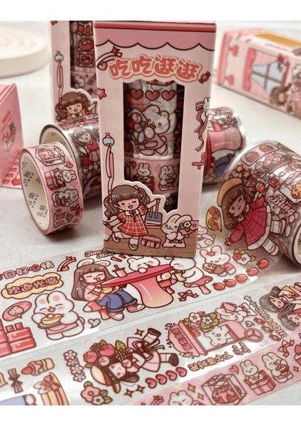 Sevimli Kız ve Tavşan Pembe 3’lü Washi Bant Seti / Washi Tape / Bullet Journal / Scrapbook