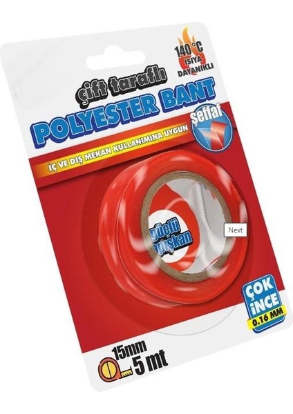 Çift Taraflı Polyester Bant 140 Derece Isıya DAYANIKLI15MMX5MT- 0,16MM Incelik