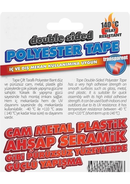 Çift Taraflı Polyester Bant 140 Derece Isıya DAYANIKLI15MMX5MT- 0,16MM Incelik