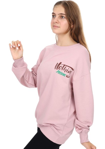 Kız Çocuk Çift Taraf Nothing Yazı Desenli Oversize Pudra Sweatshirt