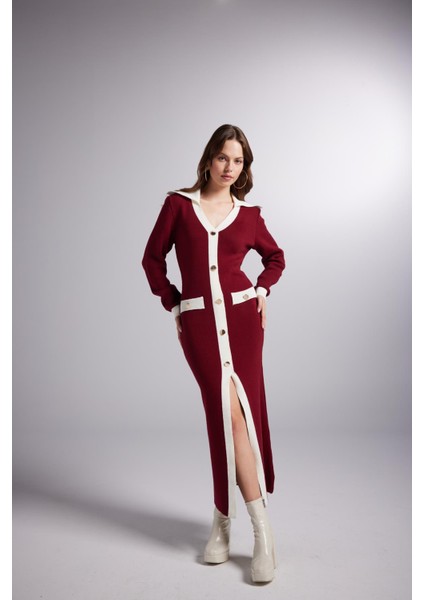 Düğme Detaylı Elias Triko Elbise Bordo