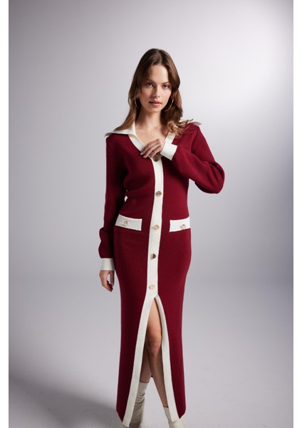 Düğme Detaylı Elias Triko Elbise Bordo modelleri