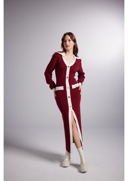 Düğme Detaylı Elias Triko Elbise Bordo fırsatları