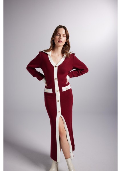 Düğme Detaylı Elias Triko Elbise Bordo indirimleri