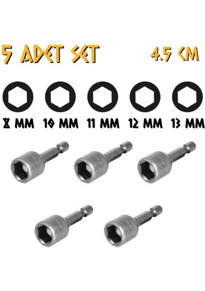 Kupa Tyson Somun Adaptörü Seti 5 Parça - 8-10-11-12-13 Mm. - 4.5 Cm.