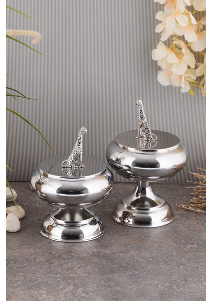 Panter Dekorlu 2'li Metal Sunum Şekerlik Çikolatalık Gümüş Renk