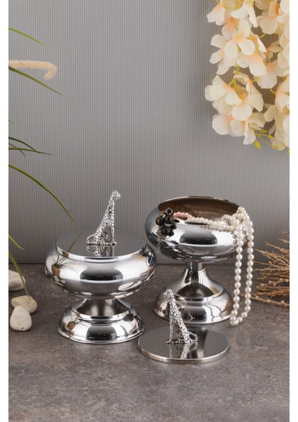 Panter Dekorlu 2'li Metal Sunum Şekerlik Çikolatalık Gümüş Renk modelleri