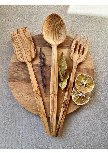 Ahşap Zeytin Ağacı El Işçiliği 3'lü Ahşap Tahta Kaşık, Çatal, Spatula ve Sunum Seti