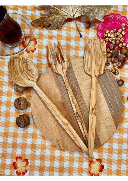 Ahşap Zeytin Ağacı El Işçiliği 3'lü Ahşap Tahta Kaşık, Çatal, Spatula ve Sunum Seti modelleri