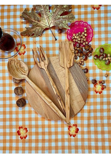 Ahşap Zeytin Ağacı El Işçiliği 3'lü Ahşap Tahta Kaşık, Çatal, Spatula ve Sunum Seti fırsatları
