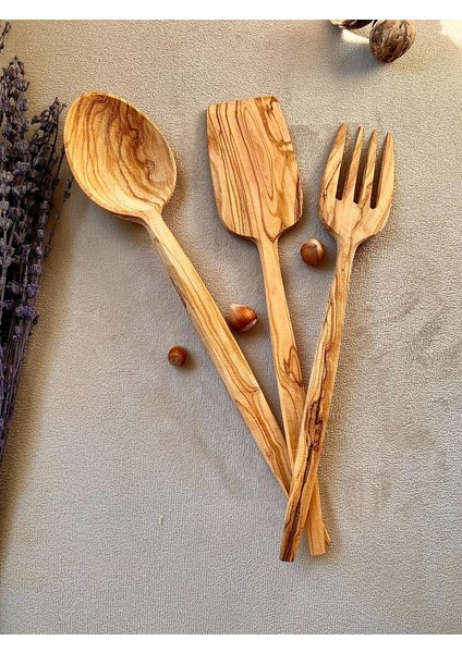 Ahşap Zeytin Ağacı El Işçiliği 3'lü Ahşap Tahta Kaşık, Çatal, Spatula ve Sunum Seti indirimleri
