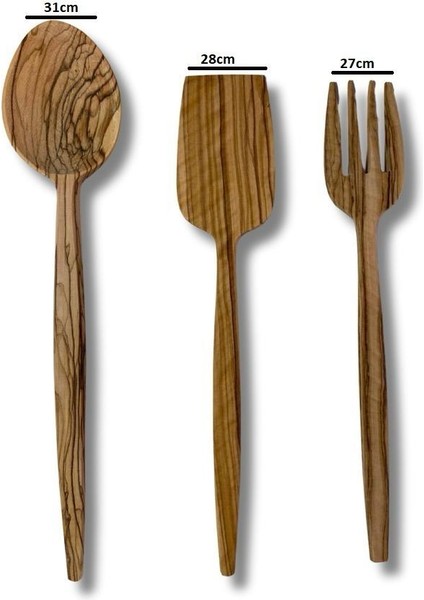 Ahşap Zeytin Ağacı El Işçiliği 3'lü Ahşap Tahta Kaşık, Çatal, Spatula ve Sunum Seti