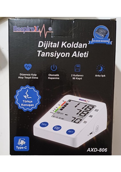 AXD-806 Türkçe Konuşan LCD Ekran Koldan Adaptörlü Tansiyon Aleti – Yeni AXD-806