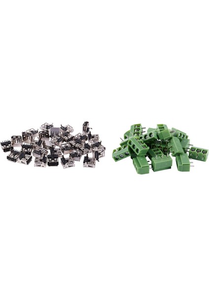 Jınmy- 20 Adet 3 Pin 5mm Pitch Montaj Vidalı Terminal Bloğu ve 30 Adet 15MM USB 2.0 4-Pin Dıp 90 Derece Jak Soketi (Yurt Dışından)