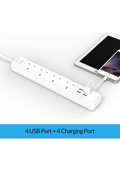 Orıco Ingiltere Tak Elektrik Uzatma Prizi Güç Şeridi Ev Ofis Için Aile Güç Şeritleri Çoklu Soket ile 4 USB 4AC (Yurt Dışından)
