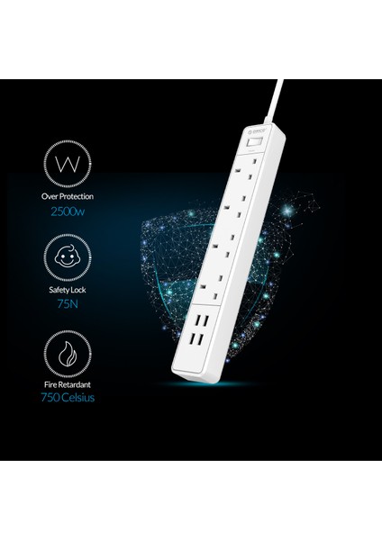 Orıco Ingiltere Tak Elektrik Uzatma Prizi Güç Şeridi Ev Ofis Için Aile Güç Şeritleri Çoklu Soket ile 4 USB 4AC (Yurt Dışından)