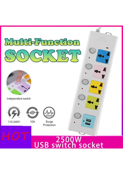 【ayak Izi】 Çok Fonksiyonlu Soket Fişi 4 Soket + 2 USB Bağlantı Noktalı Evrensel Soket 2500W Kablolu Hızlı Şarj Güç Adaptörü USB Takılabilir Kart Yurt Ev Bağımsız Anahtar Soketi (Yurt Dışından)