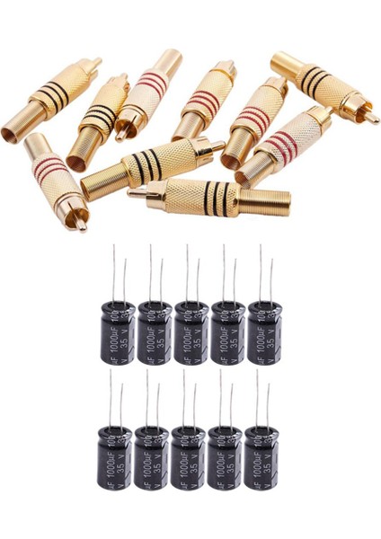 10 Adet 1000UF 35V Radyal Alüminyum Elektrolitik Kondansatörler 13MM x 21 mm ve 10 Adet Altın Sesi Erkek Rca Fiş Ses Konektörü Metal Yay Adaptörü (Yurt Dışından)