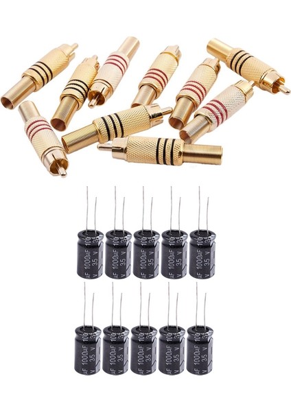 10 Adet 1000UF 35V Radyal Alüminyum Elektrolitik Kondansatörler 13MM x 21 mm ve 10 Adet Altın Sesi Erkek Rca Fiş Ses Konektörü Metal Yay Adaptörü (Yurt Dışından)