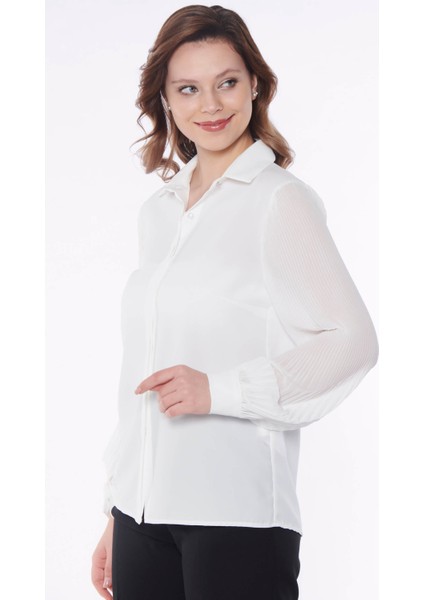 Kadın Beyaz Kolu Pileli Gömlek modelleri