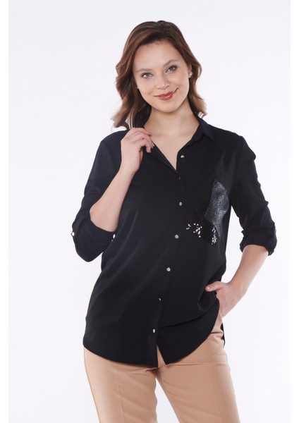 Kadın Siyah Pul Işleme Detaylı Gömlek