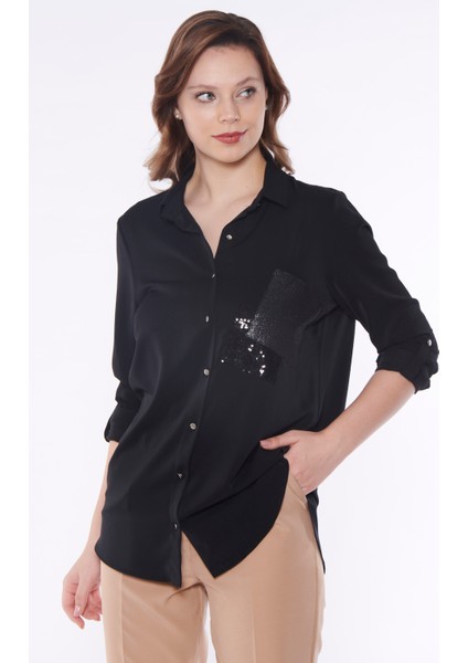 Kadın Siyah Pul Işleme Detaylı Gömlek fiyatları
