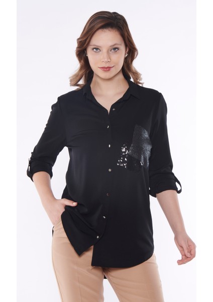 Kadın Siyah Pul Işleme Detaylı Gömlek modelleri