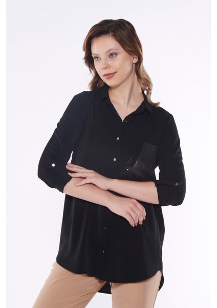 Kadın Siyah Pul Işleme Detaylı Gömlek fırsatları