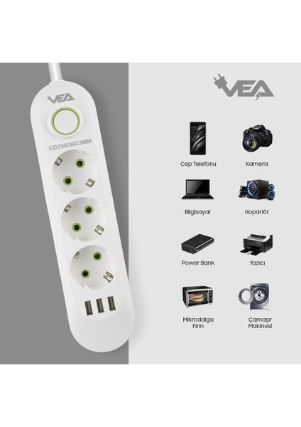 Vea TC-21558 3'lü 1.5 Metre Kablolu 3 Usb’li Beyaz Akım Korumalı Priz